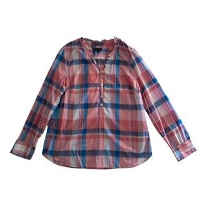 Talbots Top Women's Medium Pink Plaid Popover Ruffle Long Sleeve Classic Preppy